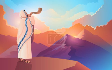 Téléchargez les photos : Oeuvre vectorielle d'un homme juif soufflant la corne du bélier Shofar sur un magnifique fond de montagne et de paysage nuageux, pour le jour de Rosh Hashanah et Yom Kippour, illustration vectorielle - en image libre de droit
