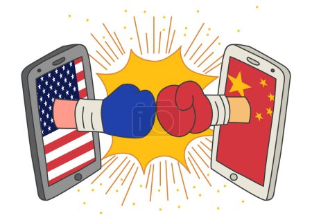 Téléchargez les illustrations : Art naïf ou dessin animé représentant une confrontation entre les États-Unis et la Chine, représentée par deux gants de boxe provenant de moniteurs de téléphones intelligents - en licence libre de droit