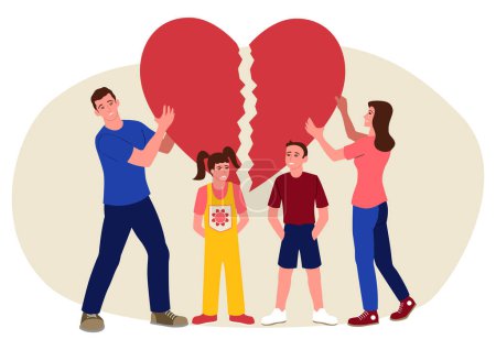 Téléchargez les photos : Clip art d'un couple tenant chaque partie du symbole du cœur brisé, concept de divorce, illustration vectorielle plate simple - en image libre de droit