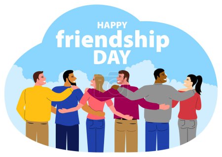 Clip de dibujos animados de un grupo de personas multiétnicas abrazando, Día de la Amistad, Día Internacional de la Juventud, ilustración vectorial 