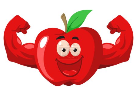 Téléchargez les photos : Drôle de personnage de dessin animé d'une pomme avec les mains musclées, illustration vectorielle - en image libre de droit