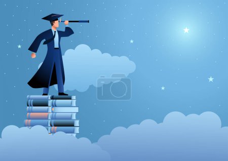 Illustration for Concept of a man in a graduation gown holding a telescope while standing atop a stack of books looking for stars, achieving objectives, aspirations, and a future plan after college. - Royalty Free Image