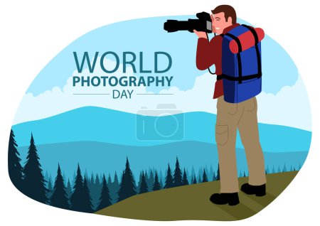 Téléchargez les illustrations : Clip art du photographe avec objectif télescopique prend une photo d'un beau paysage de montagne, illustration vectorielle Journée mondiale de la photographie - en licence libre de droit