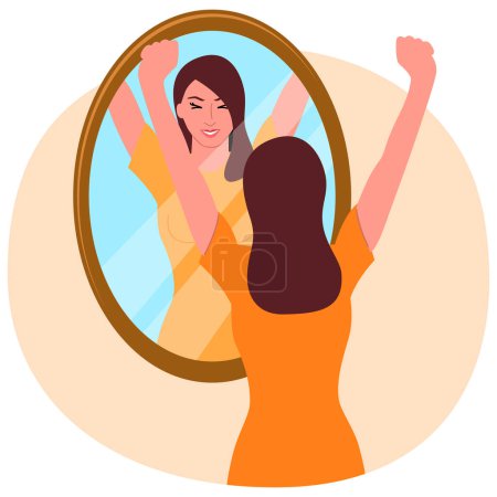 Téléchargez les photos : Clip art d'une jeune femme heureuse regardant dans le miroir, amour de soi, manifestation, concept confiant, illustration vectorielle - en image libre de droit