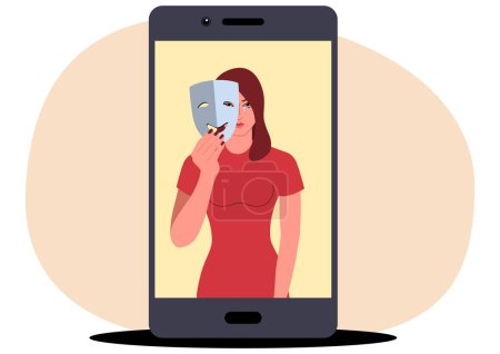 Illustration for Clip art of a sad woman pretending to be happy by holding a happy face mask on a social media profile, dissemblance, pretend, hypocrite, falsity on social media concepts - Royalty Free Image