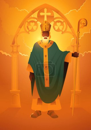 Téléchargez les illustrations : Série d'illustrations vectorielles religieuses, saint Patrick l'apôtre irlandais tenant son bâton - en licence libre de droit