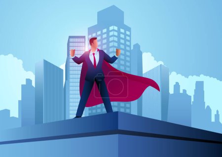 Téléchargez les photos : Homme d'affaires comme un super-héros debout sur le dessus d'un bâtiment, accomplissement, détermination, surmonter les obstacles, illustration vectorielle - en image libre de droit