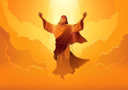 Ilustración de Abrace el día de la ascensión de Jesucristo con esta poderosa ilustración vectorial bíblica, presencie la imagen icónica de Jesucristo levantando sus manos en la gloria divina - Imagen libre de derechos