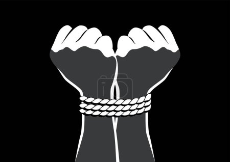 Téléchargez les photos : Illustration vectorielle en noir et blanc des mains attachées à la corde, kidnappées, concept de traite des êtres humains - en image libre de droit