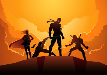 Illustration for Silhouette of superheroes in different poses on hilltop, vector illustration - Royalty Free Image
