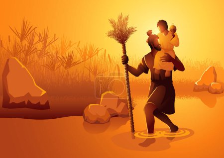 Téléchargez les illustrations : Série d'illustrations vectorielles de la religion, saint Christophe portant le Christ Enfant marchant dans une rivière avec un bâton - en licence libre de droit