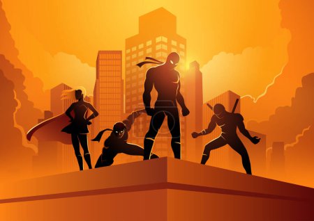 Illustration for Silhouette of superheroes in different poses on top of a building, vector illustration - Royalty Free Image