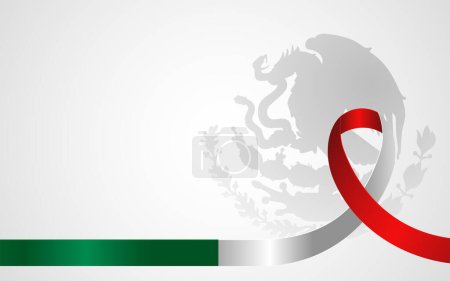 Téléchargez les photos : Ruban drapeau mexicain sur fond blanc avec silhouette de filigrane de crête mexicaine, adapté aux événements politiques ou nationaux tels que la fête de l'indépendance, illustration vectorielle - en image libre de droit