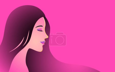 Téléchargez les photos : Illustration vectorielle d'un beau visage de femme aux cheveux longs sur fond rose - en image libre de droit