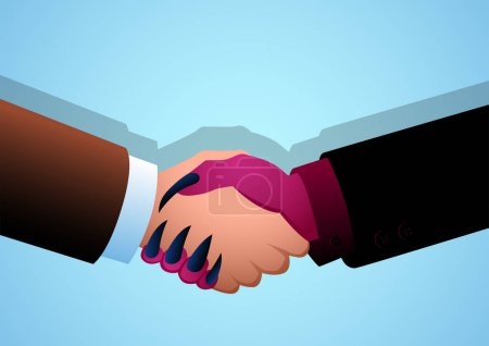 Illustration for Illustration depicting a businessman shaking hands with the devil, symbolizing the challenges of unethical deals, metaphor for high-stakes negotiations and the intricate nature of achieving success - Royalty Free Image