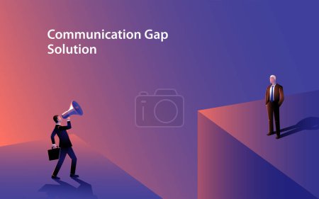 Illustration for Young businessman uses a megaphone to bridge the gap with an older colleague across an abyss. Symbolizes effective communication, collaboration, and breaking of generational barriers in business world - Royalty Free Image