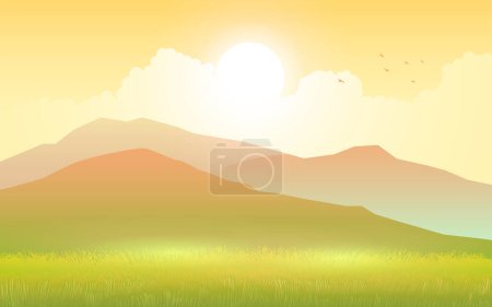 Illustration for Shows a peaceful landscape with mountains and vast grasslands, forming a serene and inviting scene that captures the tranquility and beauty of nature, cartoon vector in EPS 10 format - Royalty Free Image