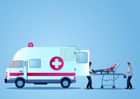 Illustration for Vector illustration of paramedic team moving injured man on a stretcher into ambulance vehicle - Royalty Free Image