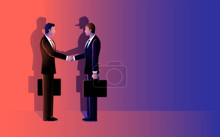 Shadow of a businessman with a long nose engages in a handshake with another businessman. Portrayal of deceptive deals, hidden agendas, business ethics, trust, and the complexities of perception