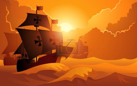 Illustration for Columbus ship, La Santa Maria, sailing gracefully across the vast ocean. It symbolizes historical exploration and the spirit of curiosity, representation of the brave journey to discover new horizons - Royalty Free Image