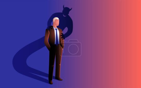 Illustration for The businessman who is seduced by his own inner devil is symbolized by his own shadow in the form of a devil - Royalty Free Image