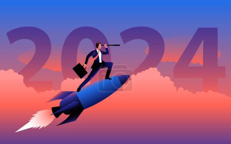 Illustration for Businessman on a rocket, using a telescope against the backdrop of 2024. Embarking on a journey of vision and ambition in the upcoming year, pursuit of success and the exploration of new horizons - Royalty Free Image