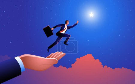 Téléchargez les photos : Atteignant les étoiles, cette illustration vectorielle montre une main géante aidant un homme d'affaires à sauter pour saisir les étoiles. Un puissant symbole d'ambition, de soutien et d'aspirations dans le monde des affaires - en image libre de droit