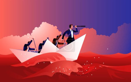 Téléchargez les photos : Les hommes d'affaires luttent pour patauger dans la mer rouge avec des bateaux en papier. Une métaphore puissante pour surmonter les obstacles, naviguer dans les difficultés et persévérer contre toute attente - en image libre de droit