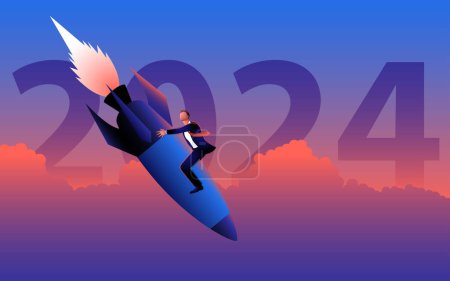 Businessman aboard a falling rocket, with the bold text 2024 as the backdrop. An evocative image reflecting the challenges and opportunities of the coming year