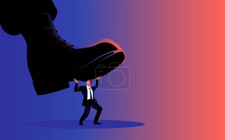 Ilustración de Ilustración vectorial de una bota gigante del ejército pisoteando a un hombre, dictador, bajo presión, concepto de opresión - Imagen libre de derechos