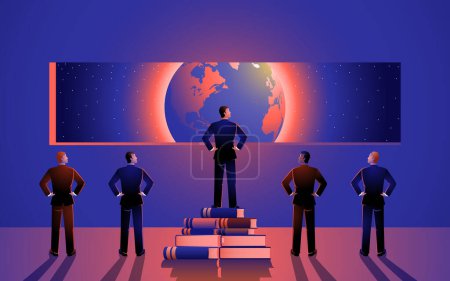 Illustration for Concept illustration of men with different point of view about the world, man standing on pile of books can see the clearest, knowledge, education concept - Royalty Free Image