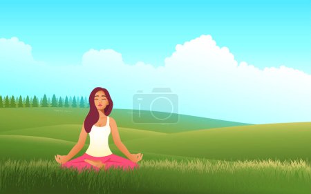 Illustration for Serene harmony, illustration featuring a beautiful woman doing yoga amidst a vast and serene meadow. Scene that captures the essence of inner peace, wellness, and connection with nature - Royalty Free Image
