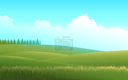 Ilustración de Ilustración vectorial de un prado pacífico. Un paisaje tranquilo abrazado por la belleza de la naturaleza, ideal para añadir serenidad y frescura a sus proyectos creativos - Imagen libre de derechos