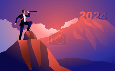 Téléchargez les photos : Homme d'affaires regardant le flou de l'année 2024 par télescope, prévision, prévision en affaires, illustration vectorielle - en image libre de droit