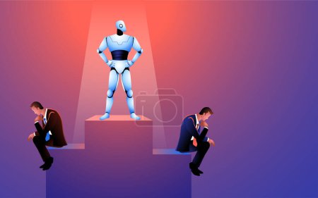 Illustration for Illustration portraying the looming AI threat, embodied by a robot overtaking human job roles. Depiction of the evolving of automation and its potential impact on employment - Royalty Free Image