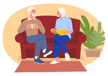 Illustration for Elderly couple comfortably engaged in a sofa conversation. Scene of togetherness, communication, and lifelong connection - Royalty Free Image