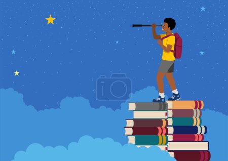 Téléchargez les photos : Voyage de découverte avec une illustration de dessin animé, un jeune garçon noir, sac à dos sur ses épaules, se tient au sommet des livres, regardant les étoiles à travers un télescope - en image libre de droit