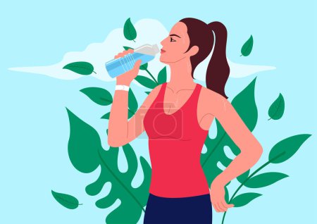 Illustration for Illustration of an attractive young woman drinking water after a workout. Refresh and rejuvenate, fitness, wellness, self-care, healthy habits, active lifestyle, and the importance of staying hydrated - Royalty Free Image