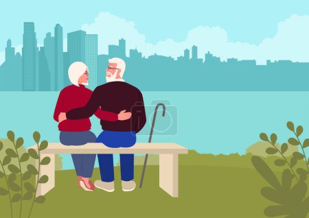 Téléchargez les photos : Couple âgé embrassant sur un banc de parc de la ville, regardant le rivage serein de la ville. Moment d'amour et de convivialité, beauté des relations durables et plaisirs des joies simples de la vie - en image libre de droit