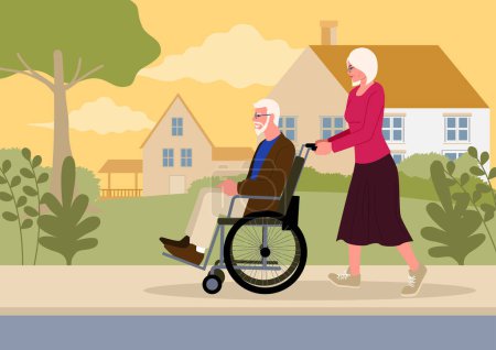 Téléchargez les photos : Illustration d'une femme âgée poussant son mari dans un fauteuil roulant. Scène d'amour, de soutien et de compagnie au cours des dernières années, relations, vieillissement gracieux, et la force des liens émotionnels - en image libre de droit