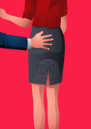 Illustration for Vector illustration of male hand in business suit touching a female back, sexual harassment in workplace concept - Royalty Free Image