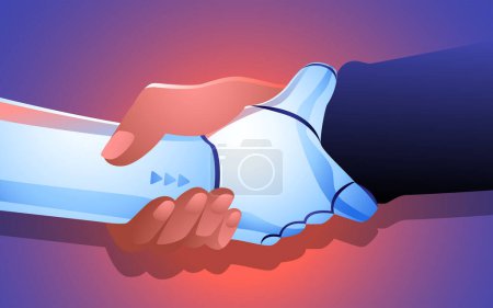 Illustration for Strong connection between a human and robot, their hands grasping each other with determination. Dynamic relationship between human ingenuity and AI innovation in various industries - Royalty Free Image