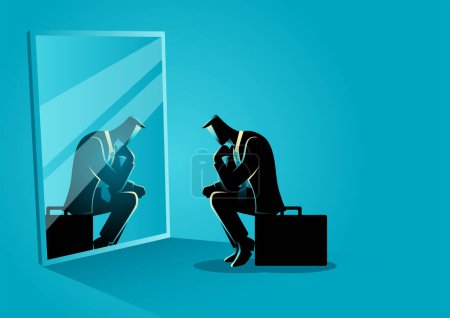 Illustration for Businessman sits thoughtfully on his briefcase in front of a mirror, contemplating his journey and self-assessment - Royalty Free Image