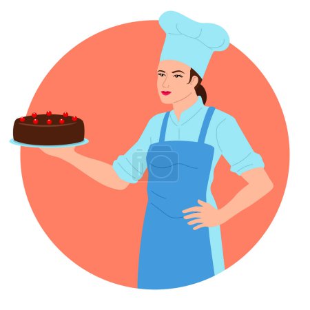 Illustration for Clip art of a female chef proudly holding a chocolate cake. This image is perfect for bakery advertisements, dessert recipes, and cooking blogs - Royalty Free Image