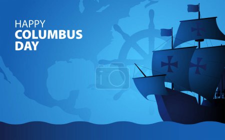 Illustration for Columbus ship sailing across the vast ocean on blue background. It symbolizes historical exploration and the spirit to discover new world - Royalty Free Image