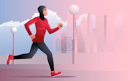 Illustration for Illustration of an active muslim woman in a hijab, jogging and running outdoors against the backdrop of a cityscape, fitness and healthy lifestyle concept - Royalty Free Image