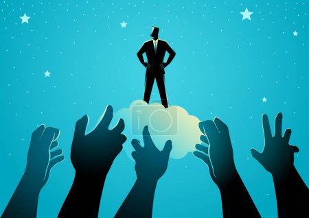 Illustration for Confident businessman standing on a cloud, hands on hips, surrounded by stars, while hands reach out in an attempt to touch him. Represents exaltation, glory, and the embodiment of a strong figure - Royalty Free Image
