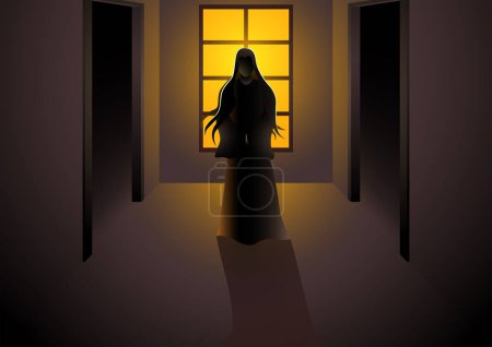 Ilustración de Ilustración de un fantasma femenino parado frente a una ventana en una casa embrujada. Esta imagen escalofriante y atmosférica es perfecta para contenido temático de Halloween, historias de fantasmas e ilustraciones de terror. - Imagen libre de derechos