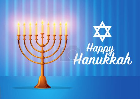 Ilustración de Ilustración vectorial de menorah un candelabro tradicional sobre fondo de cortina azul, perfecto para ocasiones religiosas judías, como Hanukkah, Yom Kippur, y Rosh Hashaná - Imagen libre de derechos