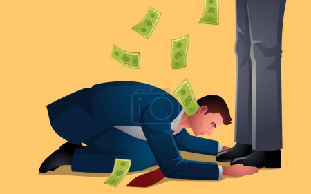 Illustration for Businessman bow down and bootlicking the feet of powerful man who shower him with money. Represents themes of compliance and financial dependency, conveying dynamics of power and influence - Royalty Free Image